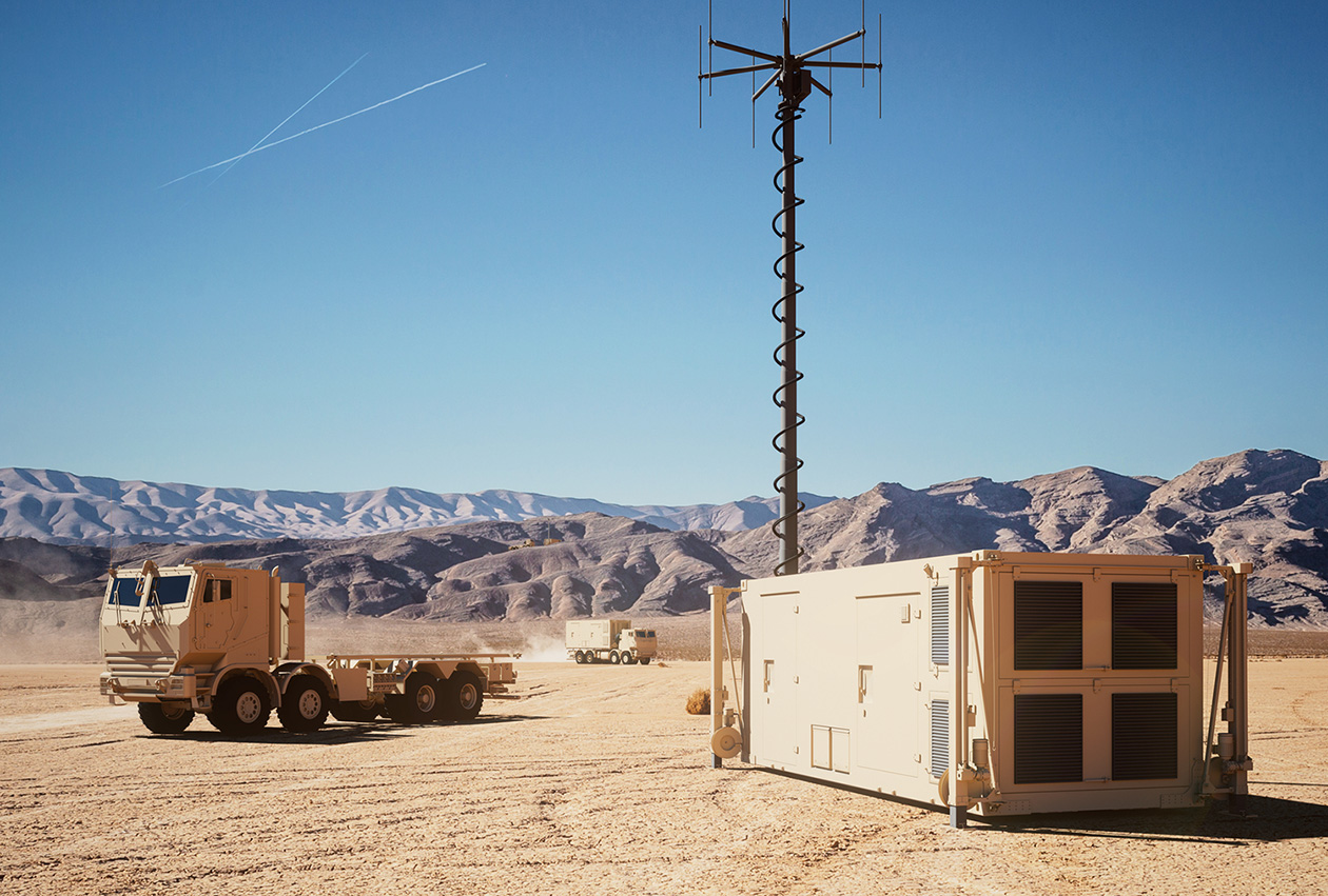 Grafik einer Wüstenlandschaft mit Militärfahrzeugen und dem Twinvis-Radar