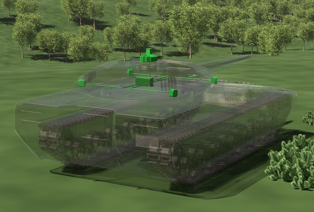 Computergrafik eines halbtransparenten Panzers mit grün hervorgehobenen Bauteilen