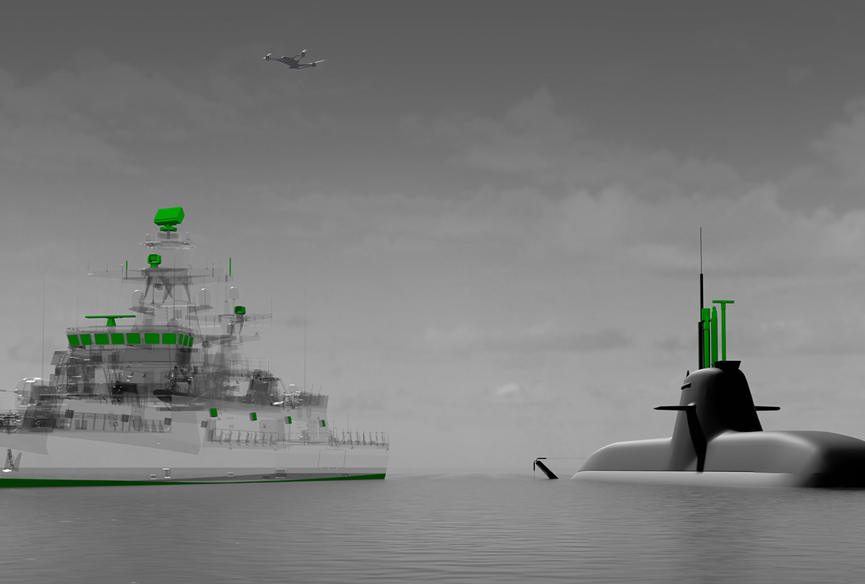 computer generated image showing a naval vessel on the left and a submarine on the right. Some parts are highlighted