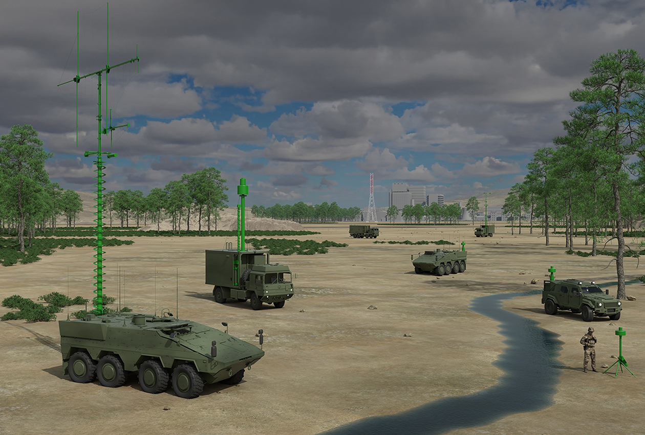 computer generated image of several military vehicles. Some of their parts are highlighted